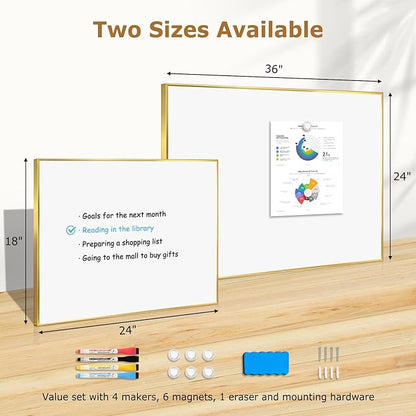 Magnetic Whiteboard, 24"x18" Gold Aluminum Frame Dry Erase White Board for Wall, Hanging Wipe Board with 6 Magnets, 4 Markers & 1 Eraser for Home and Office