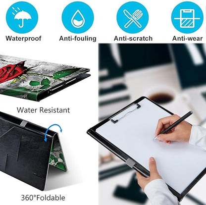 PU Leather Padfolio Clipboard Notepad with Pen Loop and Elastic Strap Interview/Resume Document Organizer for Business School Office,Elegant Red Rose