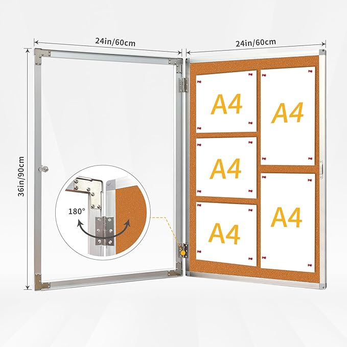 Outdoor Enclosed Bulletin Board, Weatherproof Cork Noticeboard with Clear Acrylic Locking Door, Wall-Mounted Silver Aluminum Framed Display Case,36x24in (5xA4)