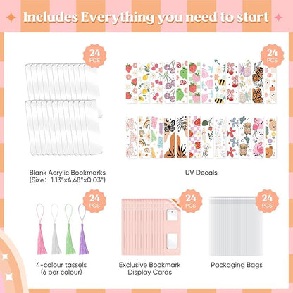 48PCS Bookmark Making Kit, 24 Acrylic Bookmark Blanks with 24Pcs Tassels, 24 UV Stickers about Fruit Theme, DIY Blank Bookmarks Waterproof UV DTF Transfers Stickers for Clear Bookmarks DIY Projects