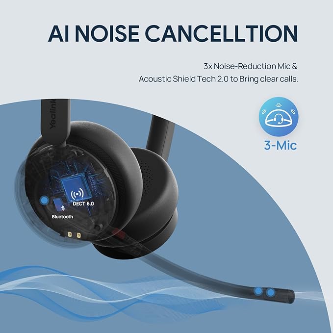 Yealink WH64 Dual UC DECT & Bluetooth Wireless Headset, 606ft Range,Zoom,Skype Certified,On Ear Work Wired Headphone with 3X Noise Cancelling Mic, 32 Talk Time, Office Desk IP Phone, PC,Computer