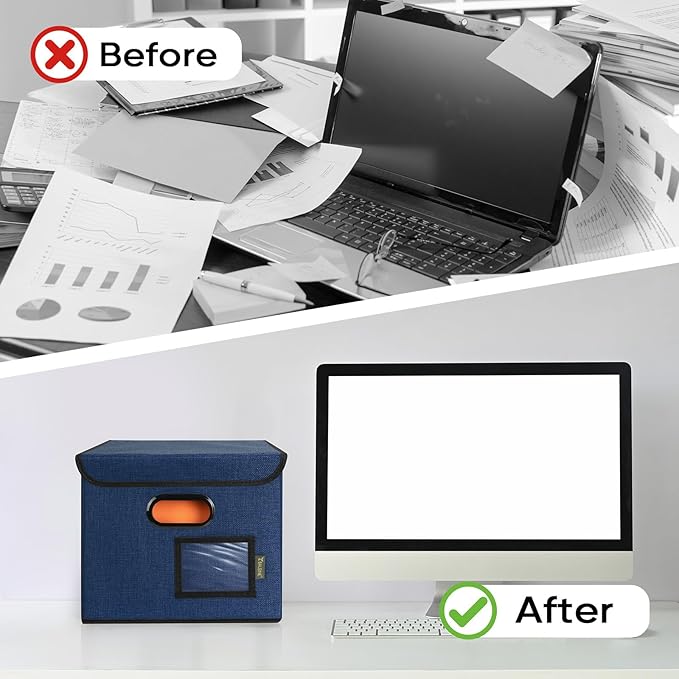 BALEINE File Organizer Box with Lid, Collapsible File Folder Organizer with Plastic Slide, Hanging File Folder Box for Office Document Storage (2 Pack, Blue)