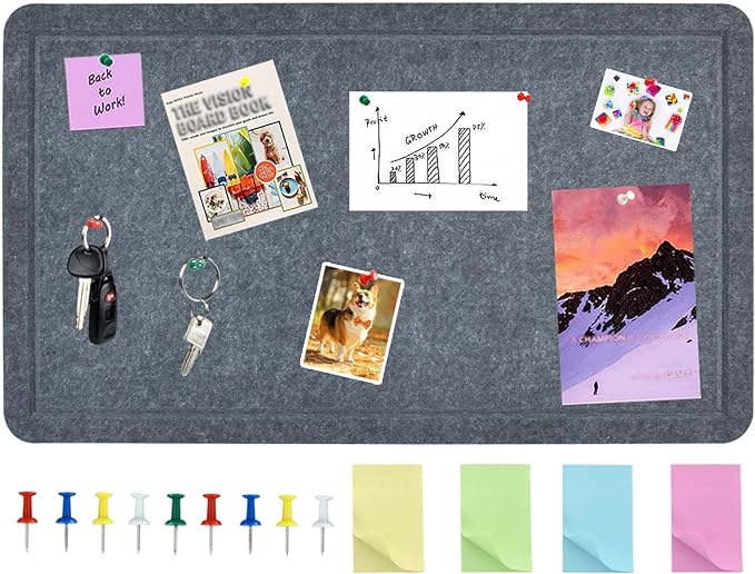 Vuzvuv Dark Grey 28"x16" Large Cork Board with 50 Push Pins & Sticky Notes, Self-Adhesive Bulletin Board No Damage for Wall, Felt Pin Board for Paste Notes, Photos, Schedules Offices Home