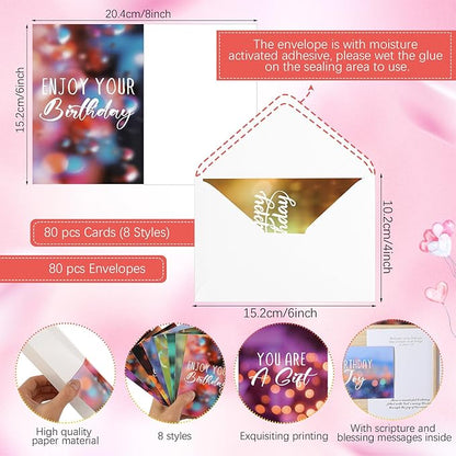 Zhanmai 80 Pack 4 x 6 Inch Religious Christian Birthday Cards Bulk with Scripture Assorted Bible Verse Designs Christian Blessings Birthday Cards with Envelopes (Dreamy Style)