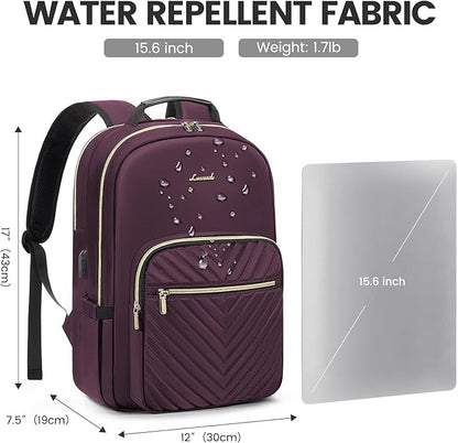 LOVEVOOK Laptop Backpack for Women 15.6 inch,Cute Womens Travel Backpack Purse,Professional Laptop Computer Bag,Waterproof Work Business College Teacher Bag Carry on Backpack with USB Port,Deep Purple