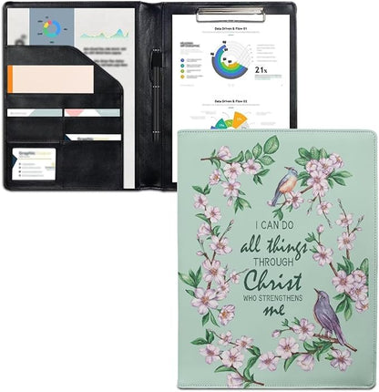 Office Folder Purple Hummingbird Flower Print PU Leather Padfolio with A4 Size Clipboard Clip for Business Resume Interview Document Sleeve Binder Folder