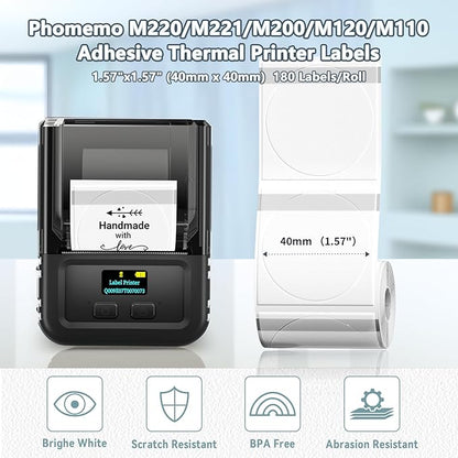 Phomemo Transparent Thermal Label, Round Label for Phomemo M110/M220/M120/M200/M221/M150/M250 Label Printer, Self-Adhesive Thermal Printer Paper, 1.57"x1.57"(40x40mm) 180 Labels/Roll, Clear
