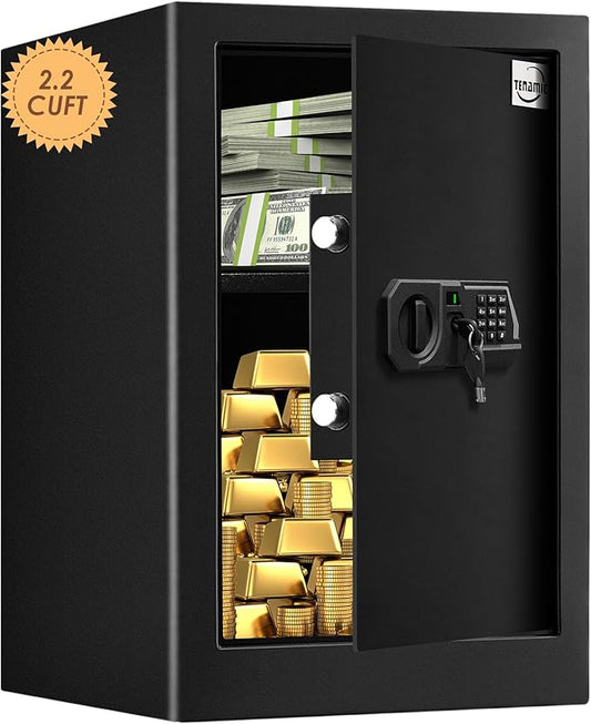 Tenamic Fireproof Safe Box 2.2 Cuft Electronic Digital Security Box, Keypad Large Lock Box Cabinet Safes with Internal Light, Solid Alloy Steel Office Hotel Home Safe with 2 Passwords, Black