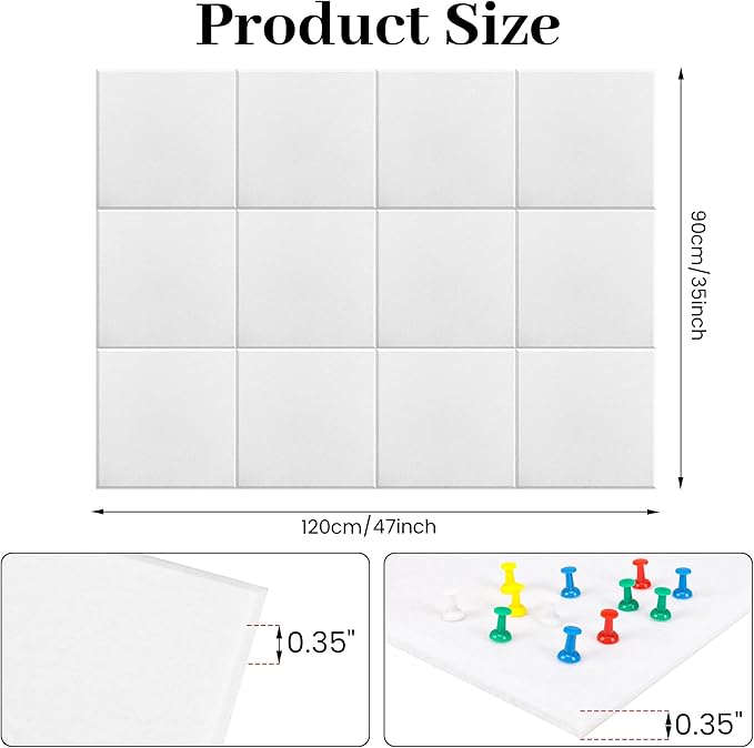 Large Office Cork Board Alternative - 47"x35"12 Pack Felt Wall Tiles Self-Adhesive Safe Removable No Damage for Wall Pin Board Tack Board Felt Cork Board for Walls or Office 48 x 36 White