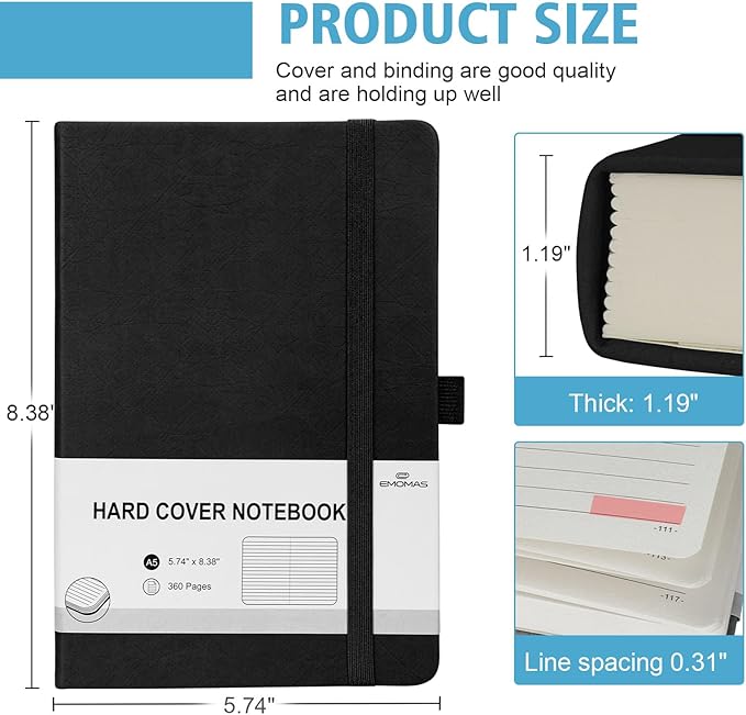 Lined Journal Notebook, 360 Numbered Pages(With page number), Thick Journal for Writing A5 College Ruled Notebook, 100gsm Lined Paper, Leather Hardcover, 5.75'' X 8.38''-Black