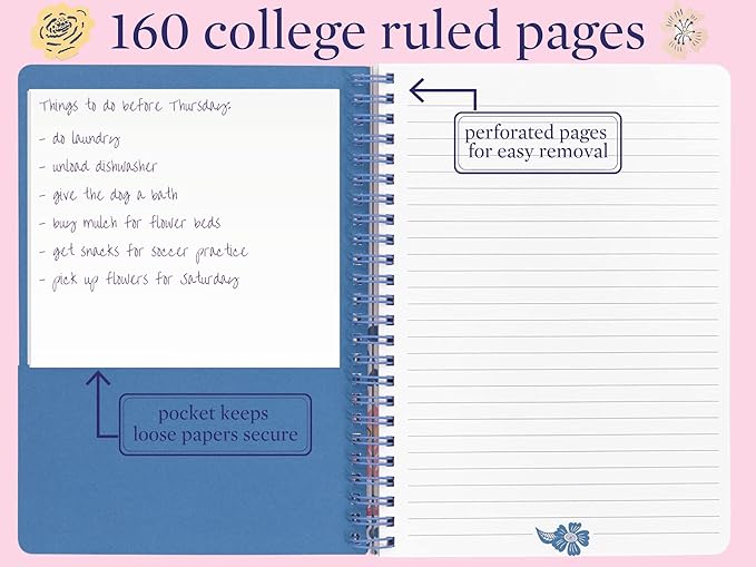 Steel Mill & Co Cute Mini Spiral Notebook, 8.25" x 6.25" Journal with Durable Hardcover and 160 Lined Pages, Mosaic Floral