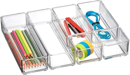 Amazing Abby - QuickSort - Plastic Stackable Organizers (6-Piece Set) for Vanity and Desk Drawer, Perfect Storage Solution for Beauty Products, Office Supplies, Decorative Items, and More