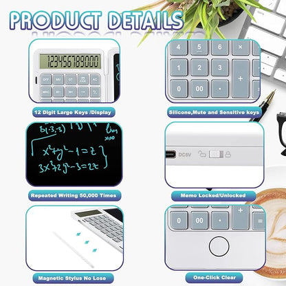 Hion Calculators,12-Digit Large Display Rechargeable Pocket Office Desktop Calculator with Erasable Wiriting Tablet,Mute Basic Desk Calculators with Doodle Pad for Student Home School,White