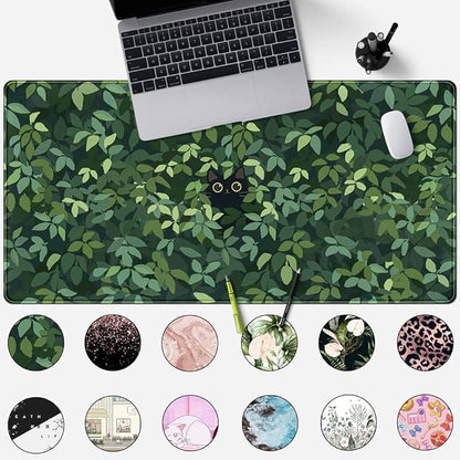 Cute Cat Kawaii Green Desk Mat - Large Gaming Mouse Pad & Keyboard Laptop Mat - Anime XL (31.5x15.7 in) - Non-Slip Base, Stitched Edges