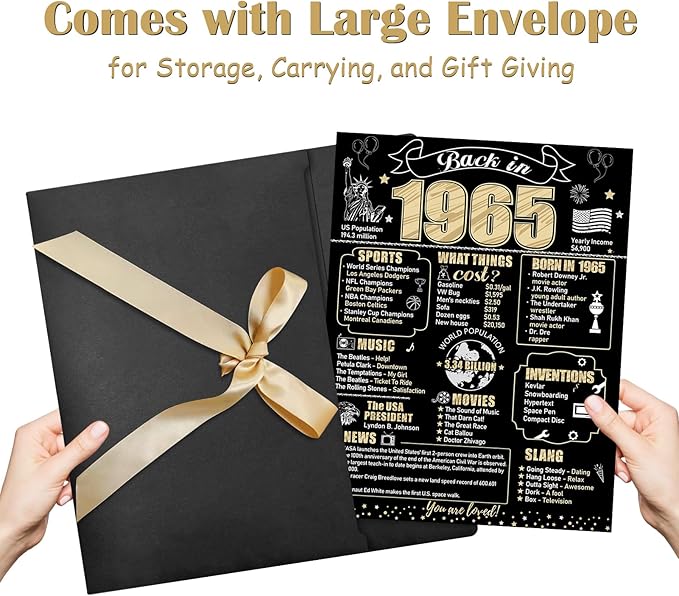 Large 60th Birthday Card With Envelope for Men Women, 1965 Black Gold Happy 60th Birthday Giant Guest Signature Book Gifts, Big Vintage 1965 60th Greeting Card Decoration Party Supplies