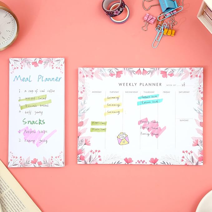 Weekly Planner Notepad Cute Set of 2 Undated Weekly Calendar Pad Tear Off 52 To Do List Notepad Weekly Desk Planner Planning Pads Memo Productivity Tracker for Work Goals Notes Schedule Ideas, Pink