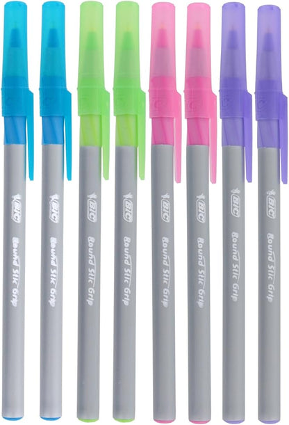 BIC Round Stic Grip Xtra Comfort Fashion Ballpoint Pens, Assorted Fashion Colors, Pack of 8