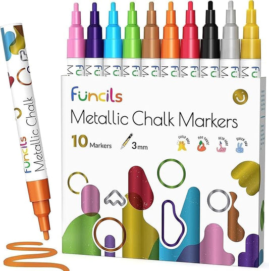 10 Metallic Fine Tip Liquid Chalk Markers for Chalkboard Signs, Blackboard, Window, Labels, Bistro, Glass, Car - Wet Wipe Erasable Ink Chalkboard Markers, Reversible 3mm Tip Liquid Chalk Pens