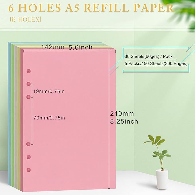 A5 Refills Paper, A5 Binder Planner Loose Leaf Paper, [5 Color] 150 Sheets (300 Pages) 6-Hole Notebook Refills for 6-Ring Refillable A5 Ring Binder Notebook Planner, Blank Paper