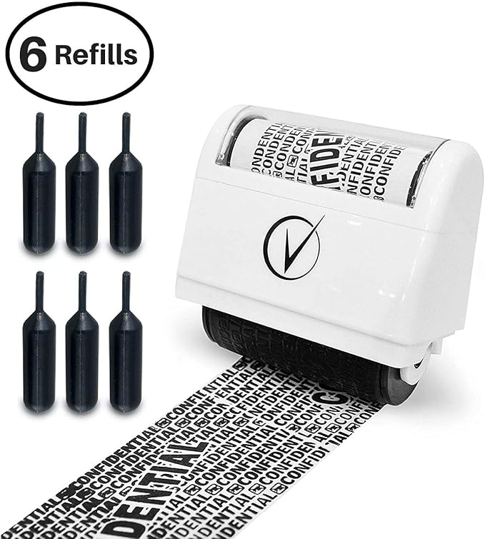 Identity Theft Protection Roller Stamps Wide Kit - Confidential Roller Stamp, Anti Theft, Privacy & Security Stamp, Designed for ID Blackout Security - Classy White with 6 Refills