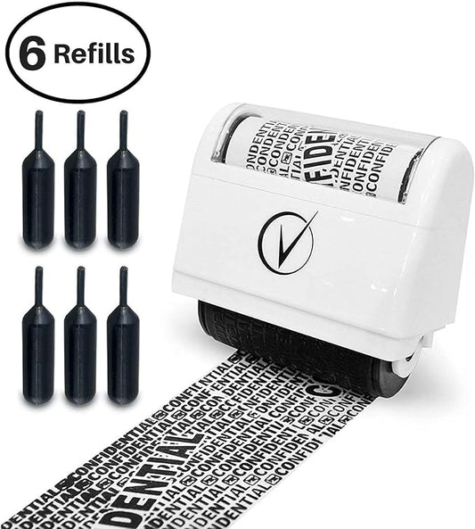 Identity Theft Protection Roller Stamps Wide Kit - Confidential Roller Stamp, Anti Theft, Privacy & Security Stamp, Designed for ID Blackout Security - Classy White with 6 Refills