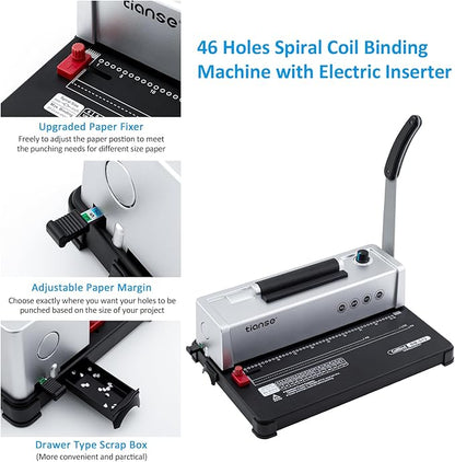 TIANSE Binding Machine, Spiral Coil Binder Machine, Manual Book Maker Punch Binder with Electric Coil Inserter,Suit for Letter Size / A4 / A5 with 100pcs 5/16'' Plastic Coil Binding Spines & Plier