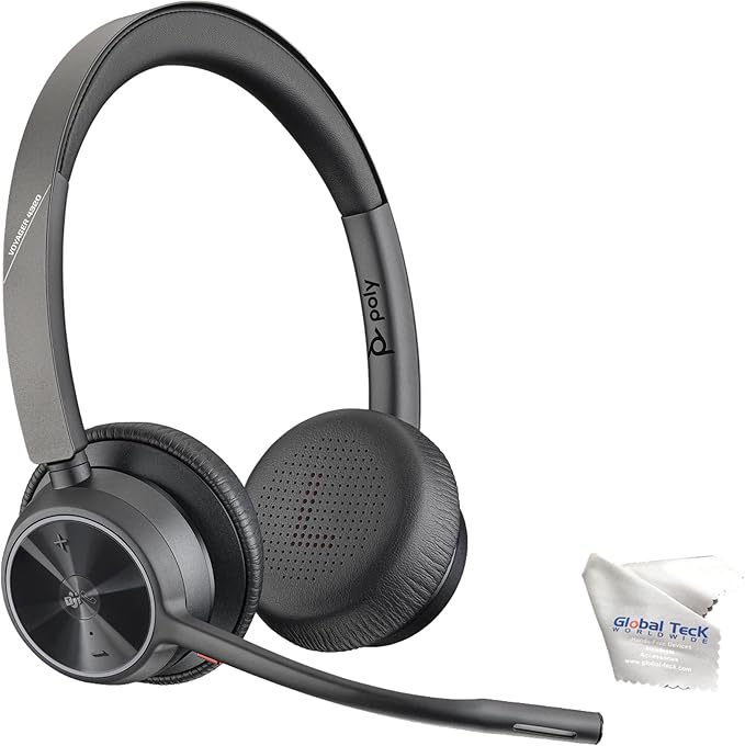 Poly Voyager 4320 UC Wireless Bluetooth Duo Headset (USB-C) Teams Version - Global Teck Bundle with Microfiber Cloth - Deskphone, PC/Mac, Works with Zoom, RingCentral, 8x8, Vonage