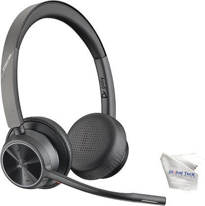 Poly Voyager 4320 UC Wireless Bluetooth Duo Headset (USB-C) Teams Version - Global Teck Bundle with Microfiber Cloth - Deskphone, PC/Mac, Works with Zoom, RingCentral, 8x8, Vonage