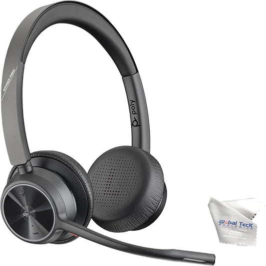 Poly Voyager 4320 UC Wireless Bluetooth Duo Headset (USB-C) Teams Version - Global Teck Bundle with Microfiber Cloth - Deskphone, PC/Mac, Works with Zoom, RingCentral, 8x8, Vonage