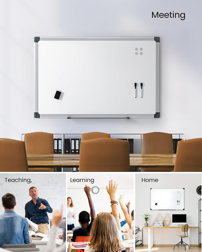 VUSIGN 2PCS Magnetic White Board Kit for Wall 36" x 24", 2 Dry Eraser & 4 Multicolor Markers & 8 Magnetic Pins, Sliver Reinforced Aluminum Frame for Home, School, Office