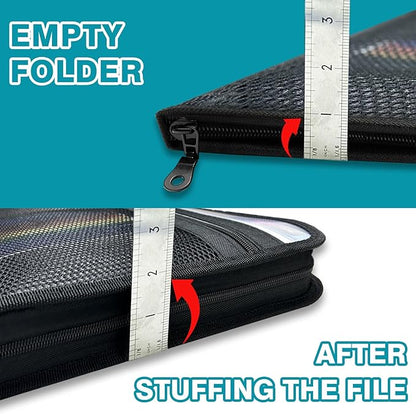 H4D Zippered Accordion File Organizer with Front Mesh Pouch, 13 Pocket Expanding File Folder, Fit for Documents Letter Size A4 Papers, Black