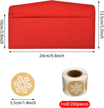 100 Pieces Number 10 Envelopes Gift Card Envelopes with 200 Pieces Christmas Kraft Snowflake Stickers Valentine's Day Stickers for Festive Letters Holiday Mail Gift Supplies (Classic Style)