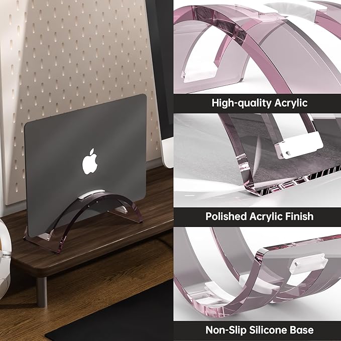Pink Acrylic Vertical Laptop Stand, Premium Transparent Desktop Notebook Dock, Space-Saving Vertical Laptop Holder for MacBook, IPAD, Book
