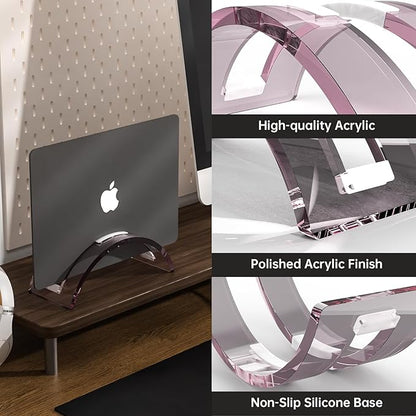 Pink Acrylic Vertical Laptop Stand, Premium Transparent Desktop Notebook Dock, Space-Saving Vertical Laptop Holder for MacBook, IPAD, Book