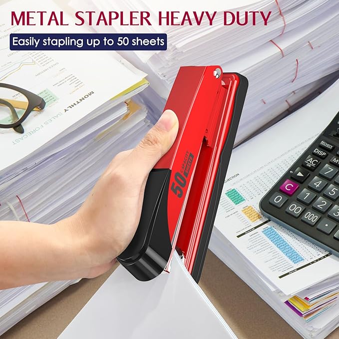 Metal Stapler Heavy Duty 50 Sheet Capacity with 1750 Staples and Staple Remover, Red Stapler Full Strip Staplers for Desk, No Jam, Non-Slip Office Stapler with Staples for Office & Classroom, Red