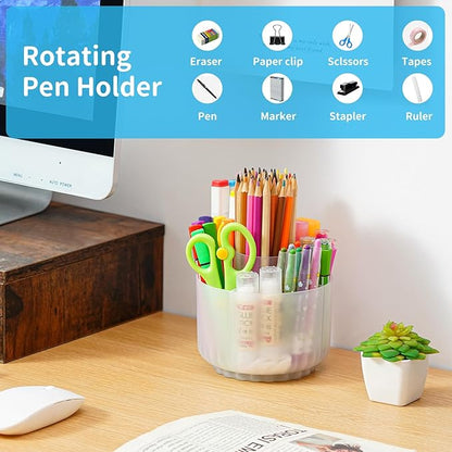 Marbrasse Desk Organizer, 360-Degree Rotating Pen Pencil Holder for Desk, Desk Organizers and Accessories with 5 Compartments Pencil Organizer, Art Supply Storage Box Caddy (Translucent)