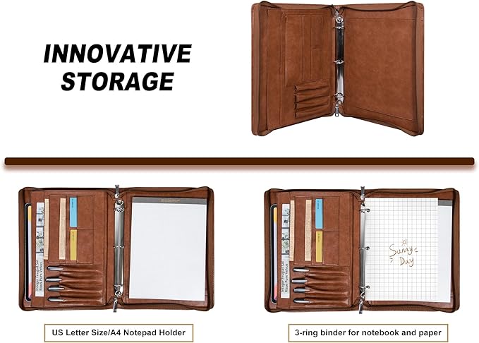 AZXCG Padfolio for Women, 3 Ring Binder Business Portfolio, Vegan Leather Zipper Binder Portfolio Folio, Document Notebook Organizer with A4 Clipboard Folder, Gift for Men, Brown