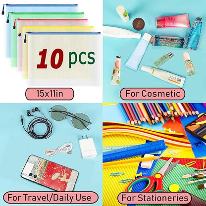 AUSTARK 10 Pcs Zipper File Bags, Waterproof Plastic Mesh Pouch for Office School, Board Game Storage Bags (B4 Size 15''x11'', Multicolored)