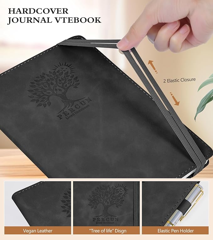 Lined Journal Notebook for Women and Men,Hardcover Leather Journaling Notebook for Writing, Travel, Business, Work and School,200 Pages A5 Notebook for Note Taking, Diary 5.9" × 8.5" - Black
