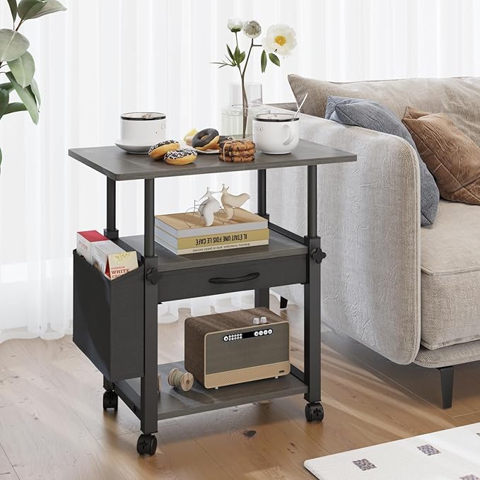 22"x15" Large Printer Stand with Storage Drawer and Side Bag, 3-Tier Height Adjustbale Printer Cart for Home Office, Rolling Printer Table fit Heat Press/Laser printer/3D Printer(Grey)