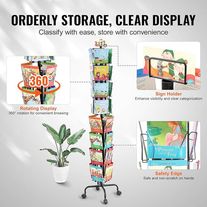 VEVOR Card Display Stand, 32-Slot Rotatable Postcard Holder, 360-Degree Spin with Title Clip & 4 Casters (2 with Brakes) for Office, Exhibits, and Fairs
