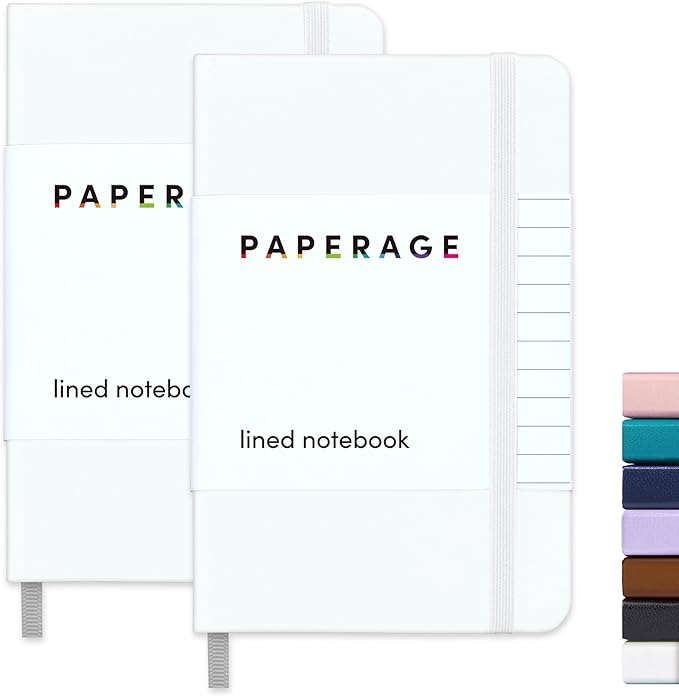 PAPERAGE Lined Pocket Journal Notebook, 2 Pack, (White), 160 Pages, Small Notebook, 3.6 inches x 5.6 inches - 100 GSM Thick Paper, Hardcover