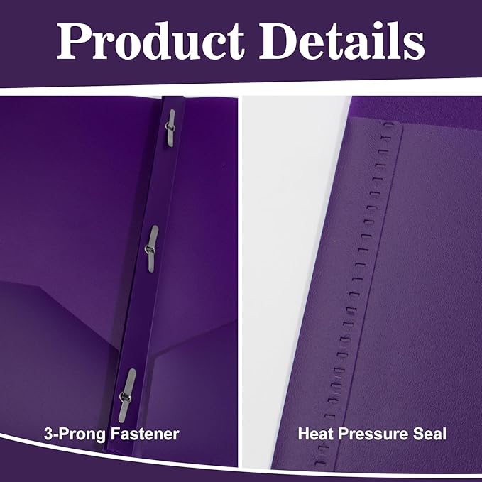 12-Pack Plastic Folders with Pockets and Prongs,2-Pocket Folders with 3 Fasteners, Poly Folders Holds 8-1/2" x 11" Paper for School/Office/Home, Purple
