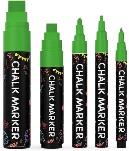 5 Green Chalkboard Chalk Pens - Green Dry Erase Markers for Blackboard, Chalkboard Signs, Windows, Glass | Variety Pack - Fine & Jumbo Size Ink Pen (1mm, 3mm, 6mm, 10mm, 15mm)