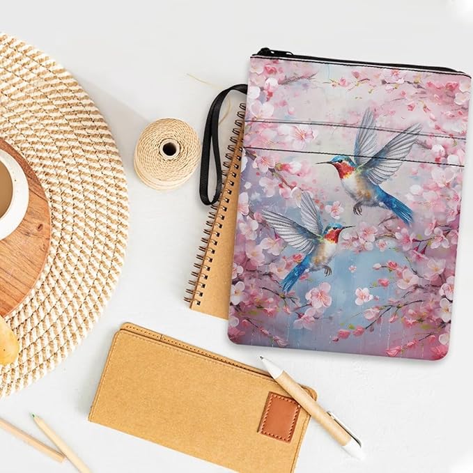 COEQINE Aesthetic Hummingbirds Book Sleeve Pink Cherry Blossom Birds Book Covers for Book Lovers Portable Chain for Library Front Pocket
