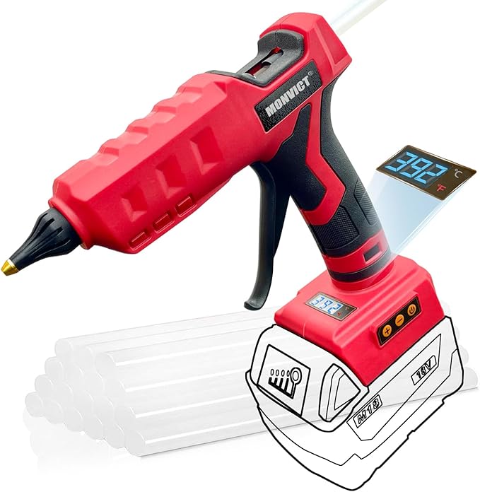MONVICT 100W Cordless Glue Gun for Milwaukee 18V Battery, Upgraded Digital Temperature Adjustable Handheld Electric Power Full Size Heavy Duty Hot Glue Gun with 10 Glue Sticks (Tools only)