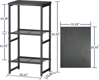 Printer Stand Holder 3 Tier - Heavy Duty Metal Shelving Unit for Under Desk Printer Storage Office Organizer, Industrial Printer Side Table with Wood Desktop for Scanner Fax Machine Black