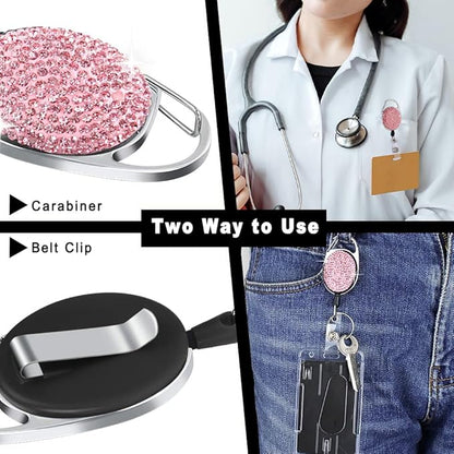 VIQWYIC 2 Pack Retractable ID Badge Holder with Clip, ID Name Badge Reels with Bling Rhinestones Retractable Card Holder for Office Worker Teacher Doctor Nurse(Pink&Purple)