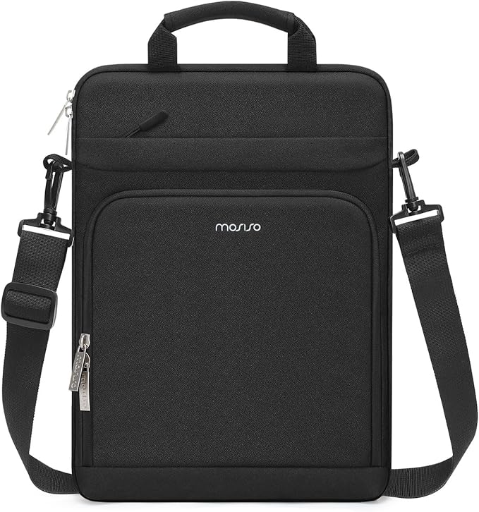 MOSISO Vertical Laptop Shoulder Bag Compatible with MacBook Air/Pro,13-13.3 inch Notebook,Compatible with MacBook Pro 14 2023-2021 A2779 M2 A2442 M1 with Front Raised Pockets&Fix Handle&Belt, Black