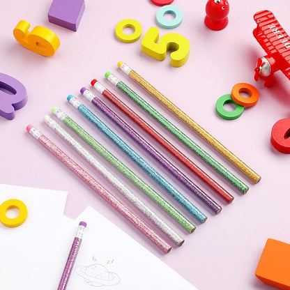 Outus 68 Pieces Glitter Pencils with Eraser Wood Colorful Pencils and Sharpeners for Graduation Kids Writing Painting